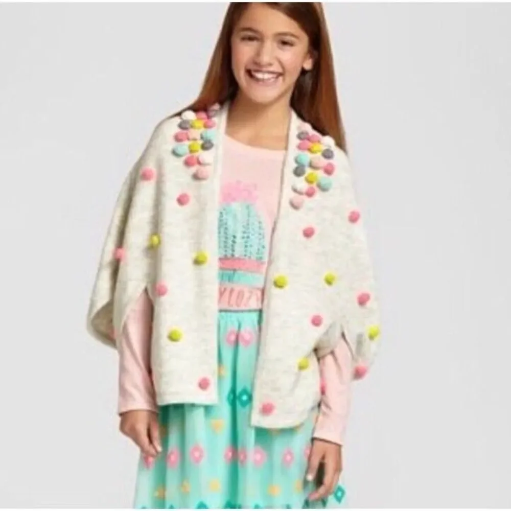 Cat & Jack Girls Kids Cape Poncho Shawl Multicolor Pom‎ Pom Design Gray Size S/M